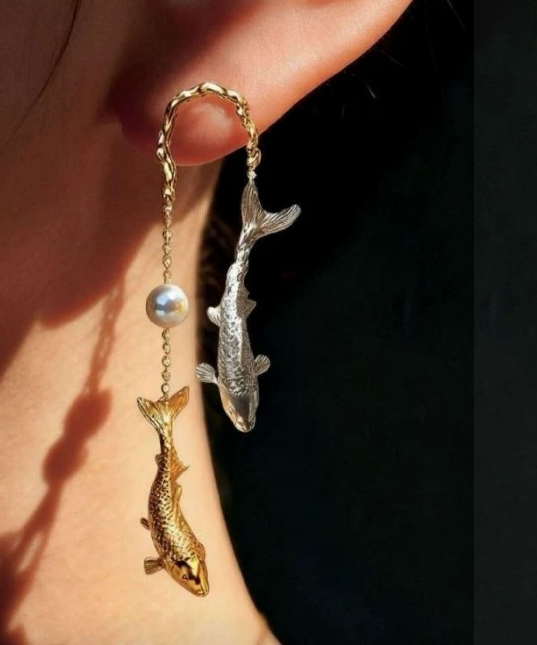 Chic Gold Copper Overgild Pearl Koi Fish Drop Earrings