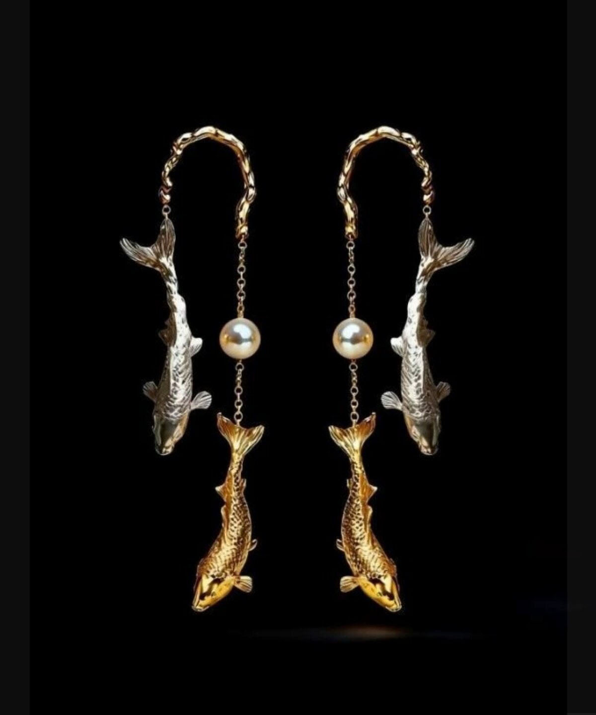 Chic Gold Copper Overgild Pearl Koi Fish Drop Earrings
