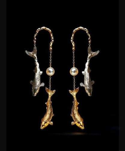 Chic Gold Copper Overgild Pearl Koi Fish Drop Earrings