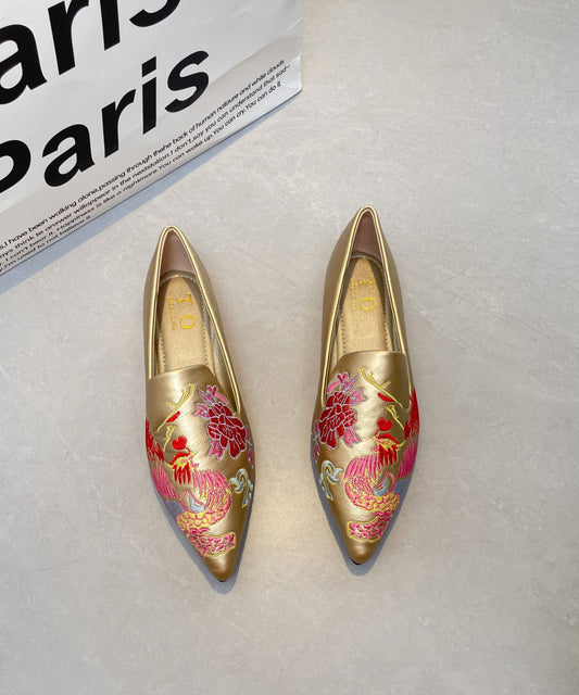 Chic Gold Faux Leather Embroidered Flat Shoes Pointed Toe For Women
