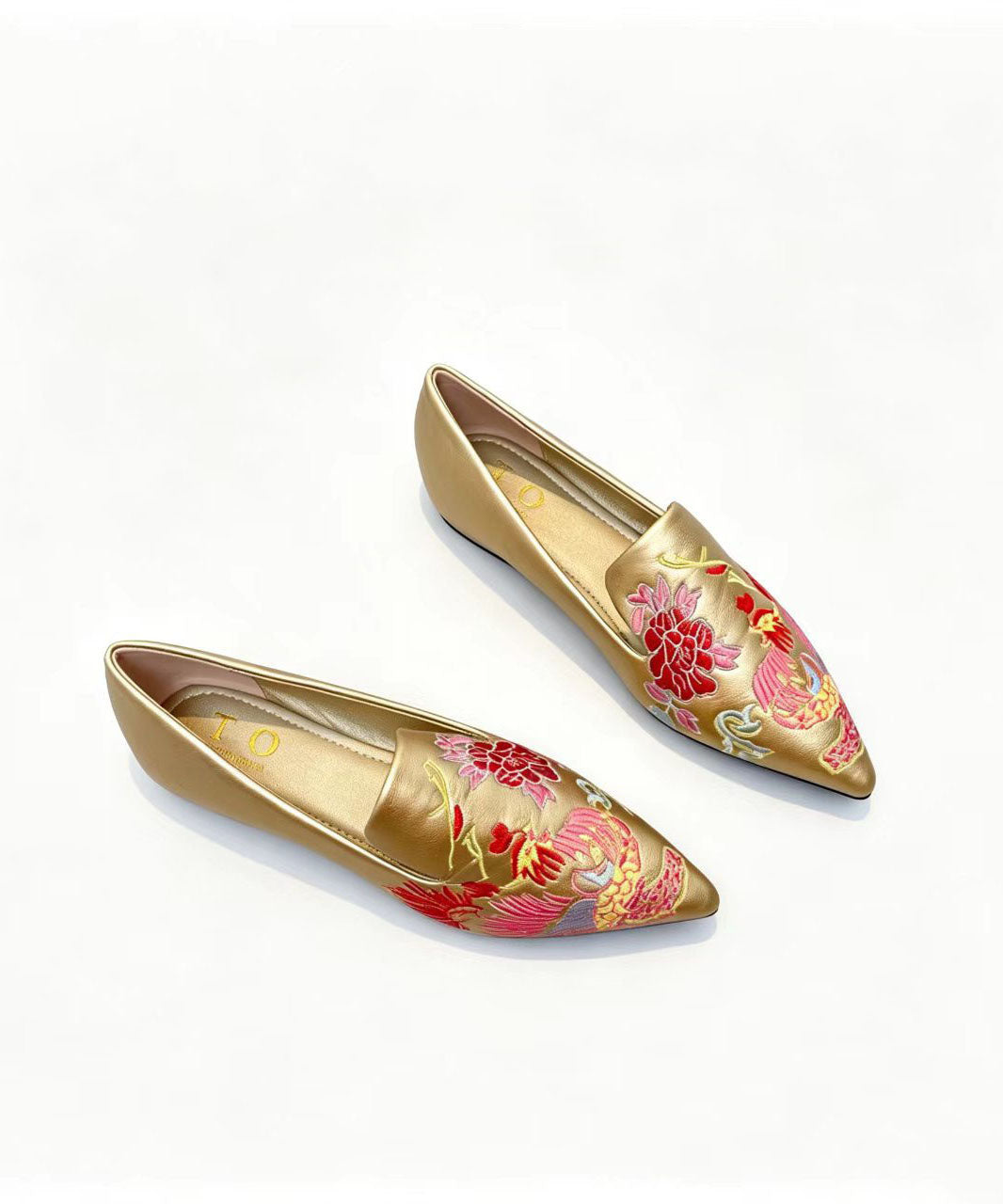 Chic Gold Faux Leather Embroidered Flat Shoes Pointed Toe For Women
