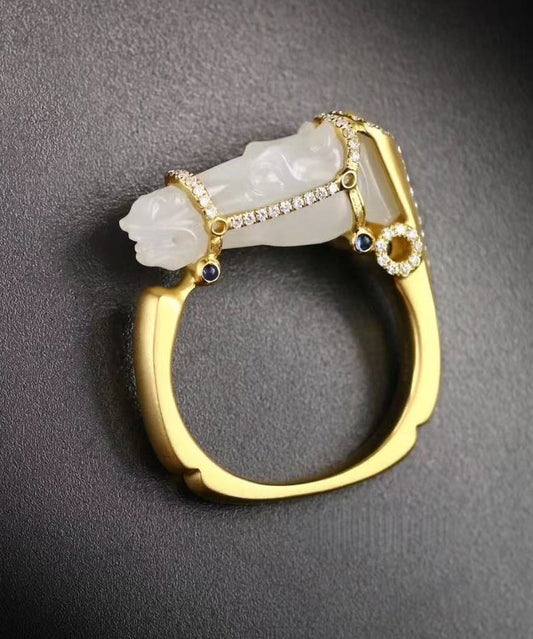 Chic Gold Horse Head Jade Zircon 14K Gold Rings