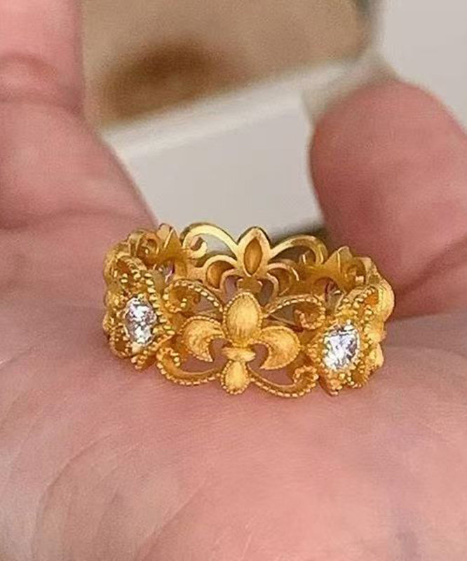 Chic Gold Sterling Silver Overgild Zircon Hollow Out Iris Lace Rings