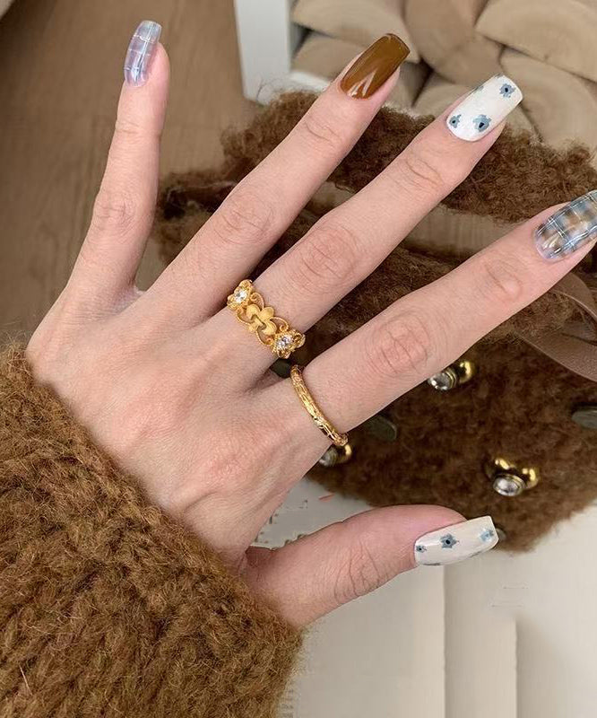 Chic Gold Sterling Silver Overgild Zircon Hollow Out Iris Lace Rings