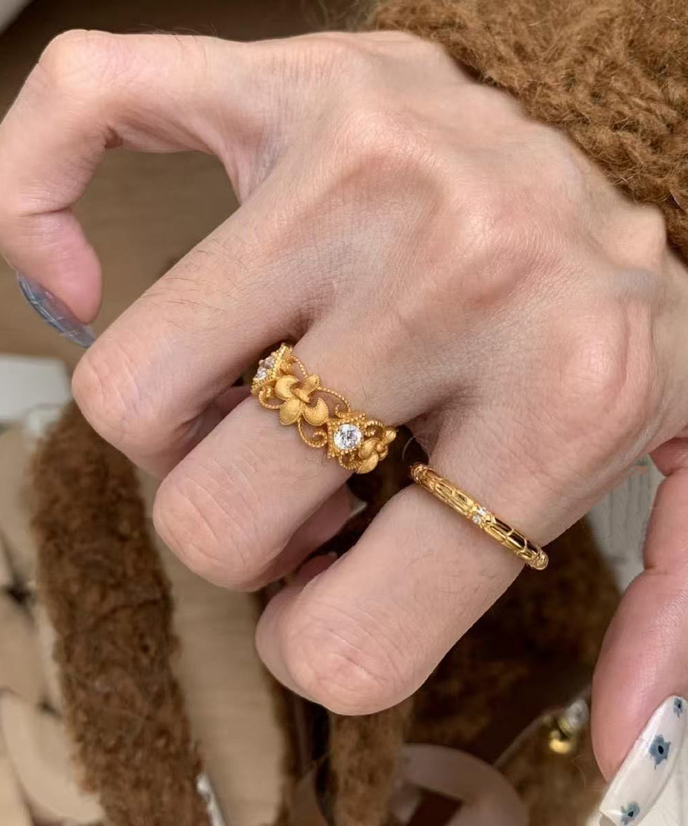 Chic Gold Sterling Silver Overgild Zircon Hollow Out Iris Lace Rings