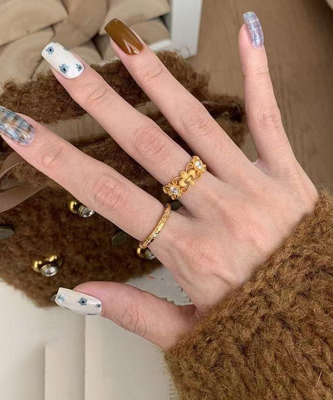 Chic Gold Sterling Silver Overgild Zircon Hollow Out Iris Lace Rings