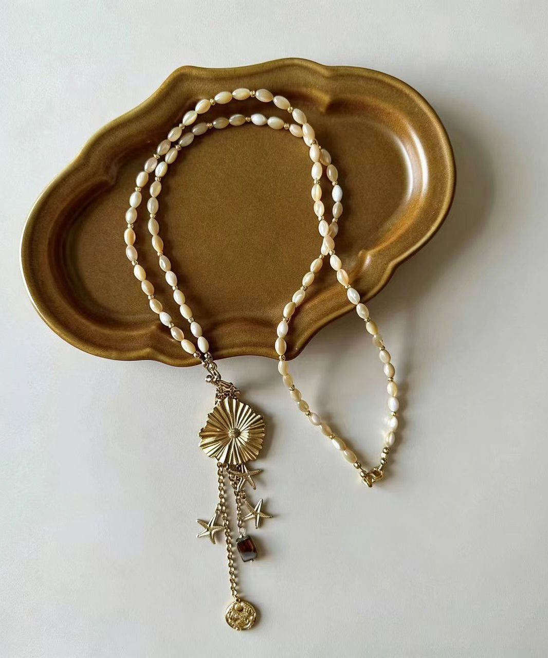 Chic Gold Titanium Steel Czech Glass Beaded Lariat Necklace
