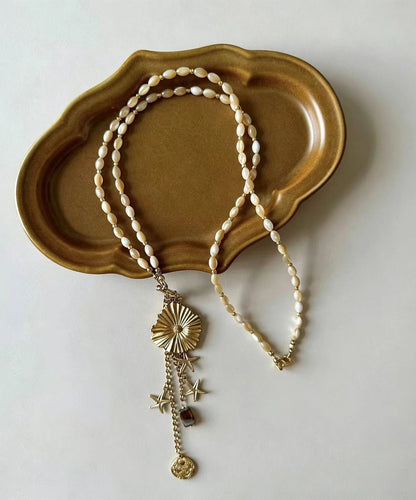 Chic Gold Titanium Steel Czech Glass Beaded Lariat Necklace