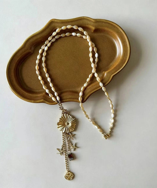 Chic Gold Titanium Steel Czech Glass Beaded Lariat Necklace