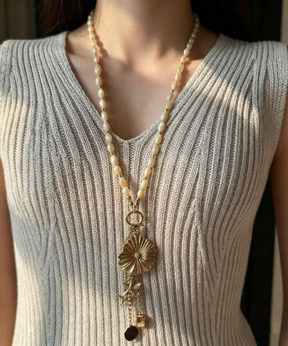 Chic Gold Titanium Steel Czech Glass Beaded Lariat Necklace