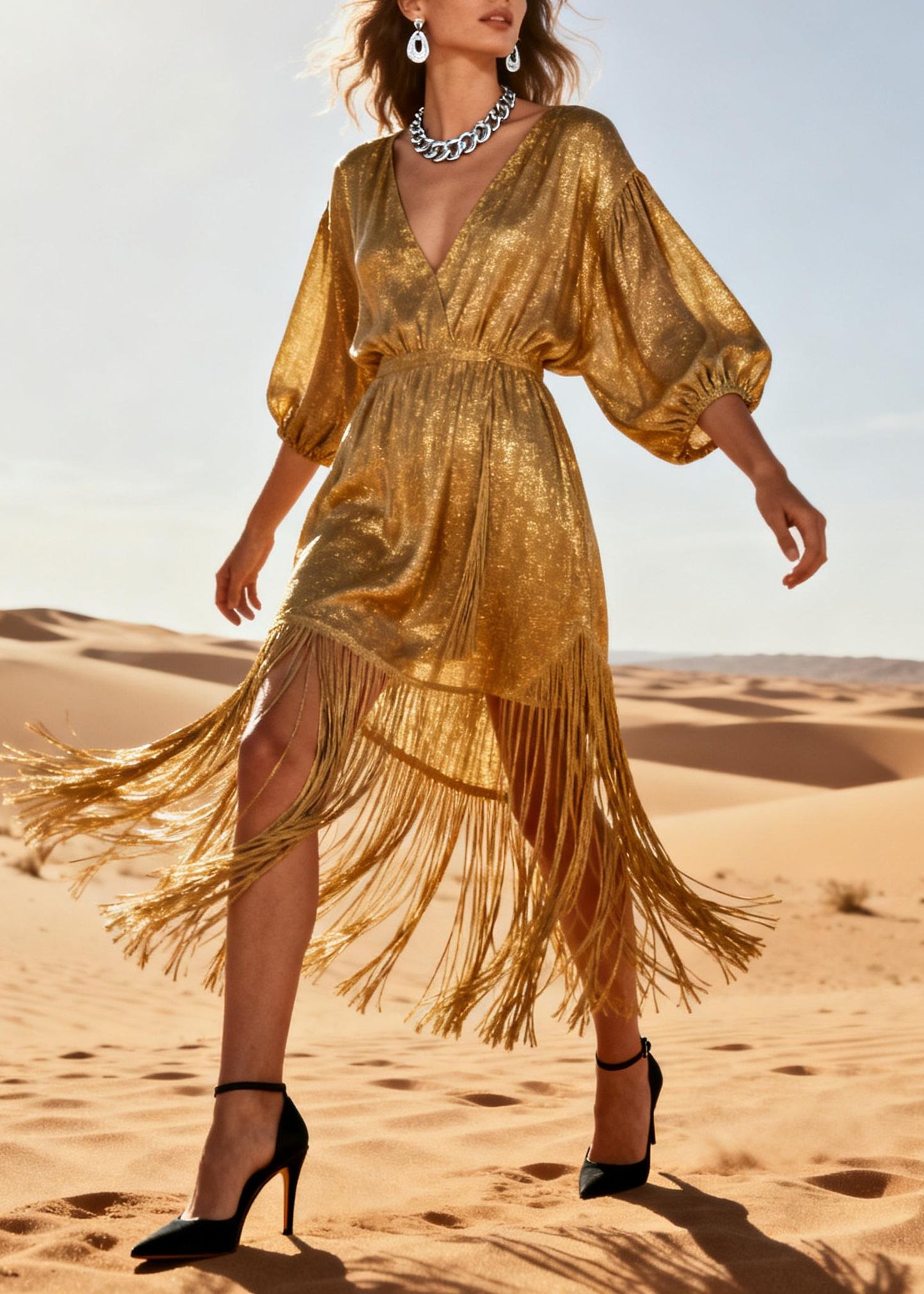Chic Gold V Neck Tassel Patchwork Cotton Dress Summer