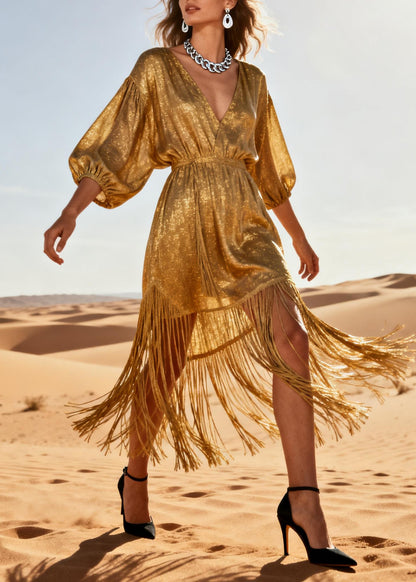 Chic Gold V Neck Tassel Patchwork Cotton Dress Summer