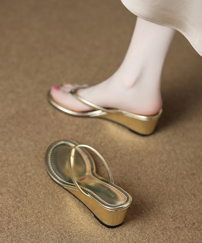 Chic Gold Wedge Heels Shoes Faux Leather Comfy Splicing