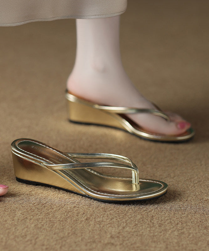 Chic Gold Wedge Heels Shoes Faux Leather Comfy Splicing