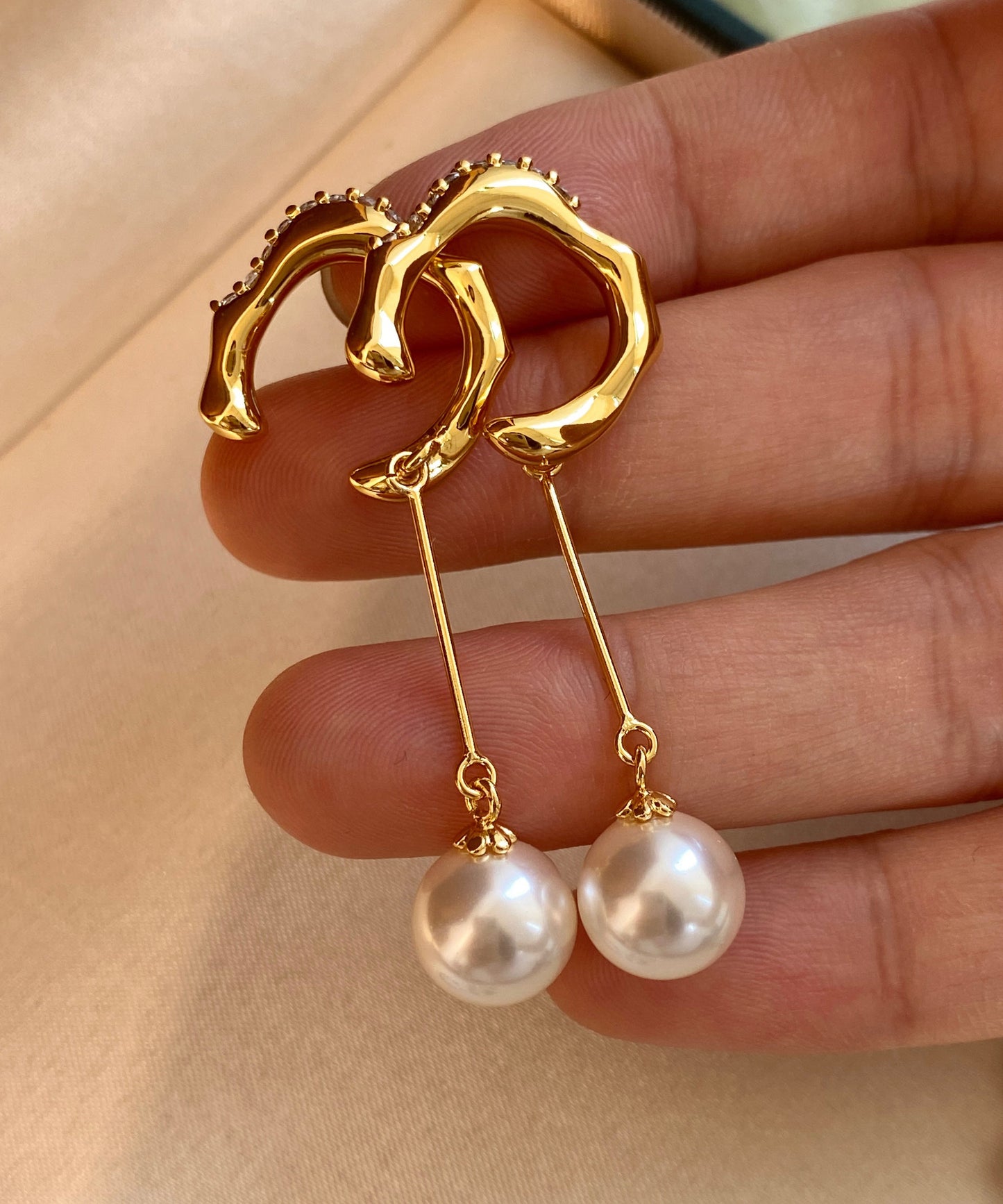 Chic Gold Zircon Pearl Tassel Drop Earrings
