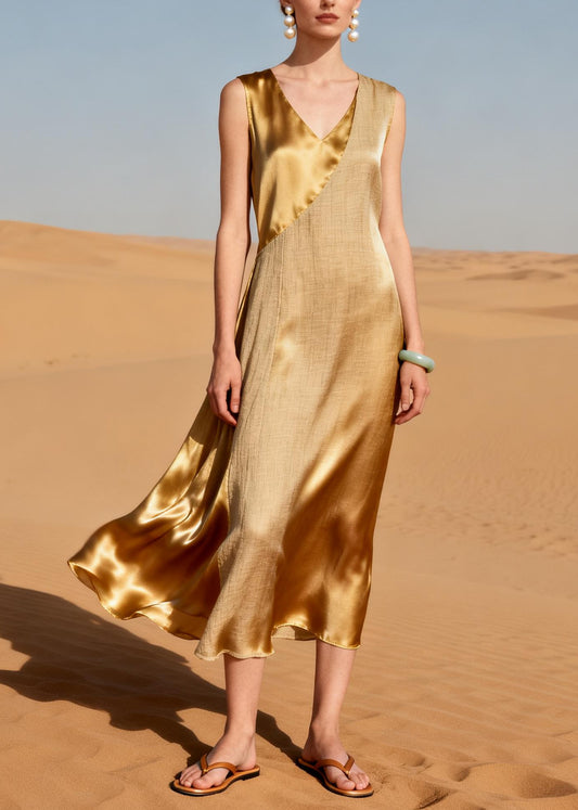 Chic Golden Asymmetrical Patchwork Silk Dress Summer