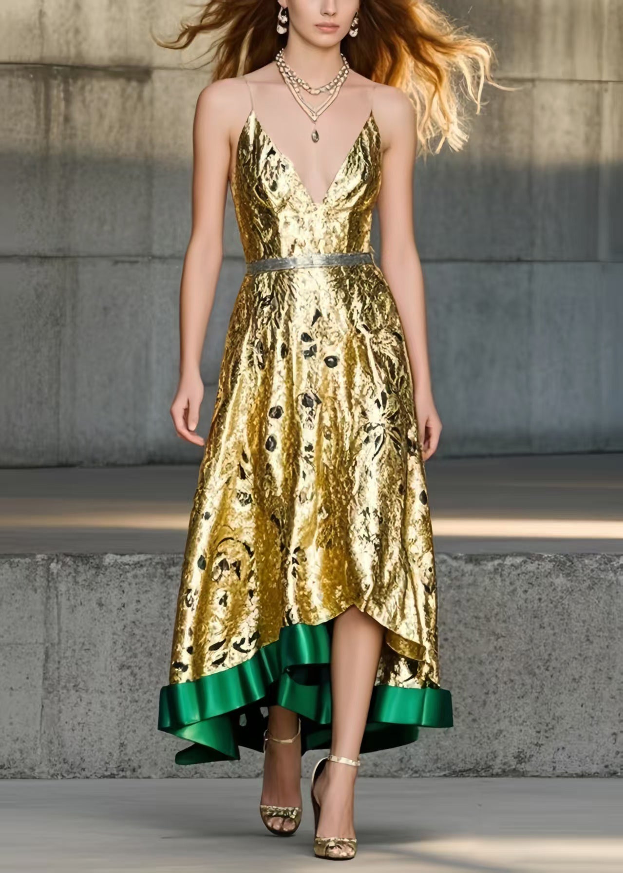 Chic Golden Jacquard Exra Large Hem Cami Dresses Summer