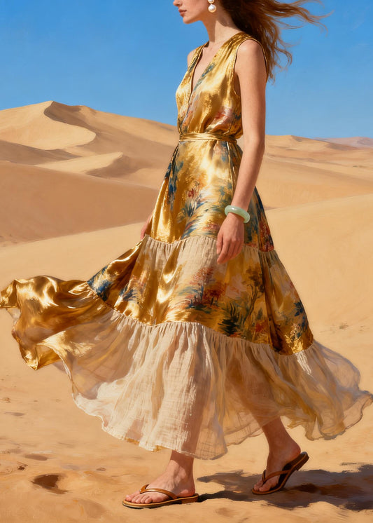 Chic Golden Print Patchwork Exra Large Hem Silk Dress Summer
