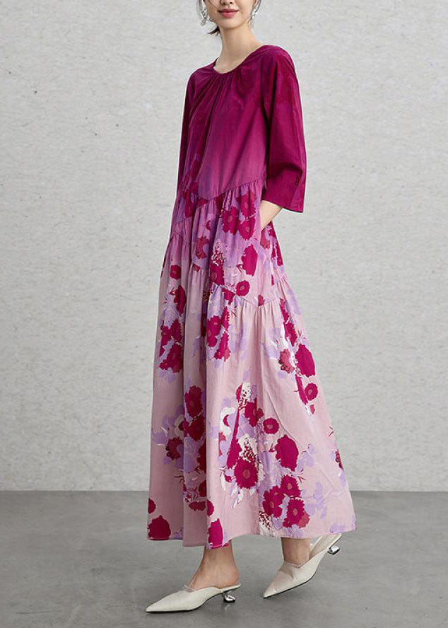 Chic Gradient Color O Neck Print Cotton Maxi Dresses Summer