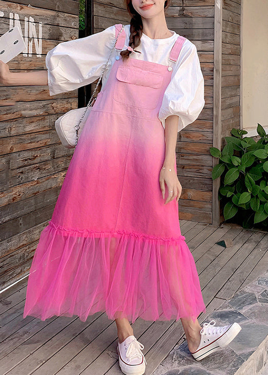 Chic Gradient Color Pockets Tulle Patchwork Denim Strap Dress Sleeveless