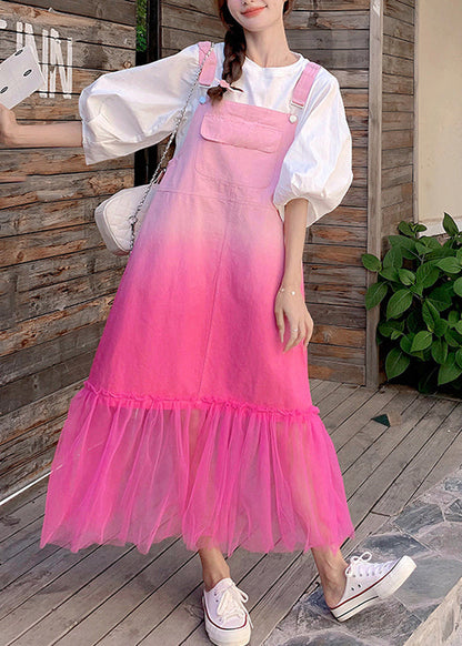 Chic Gradient Color Pockets Tulle Patchwork Denim Strap Dress Sleeveless