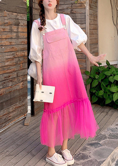 Chic Gradient Color Pockets Tulle Patchwork Denim Strap Dress Sleeveless