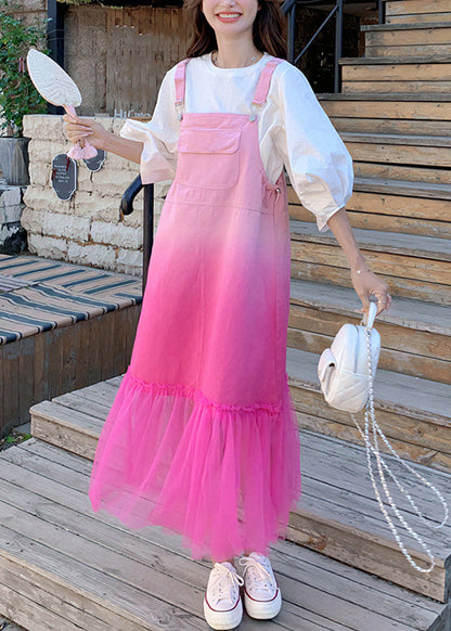 Chic Gradient Color Pockets Tulle Patchwork Denim Strap Dress Sleeveless