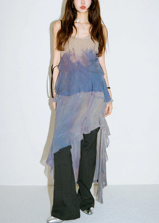 Chic Gradient Color Ruffled Low High Design Cotton Dress Sleeveless