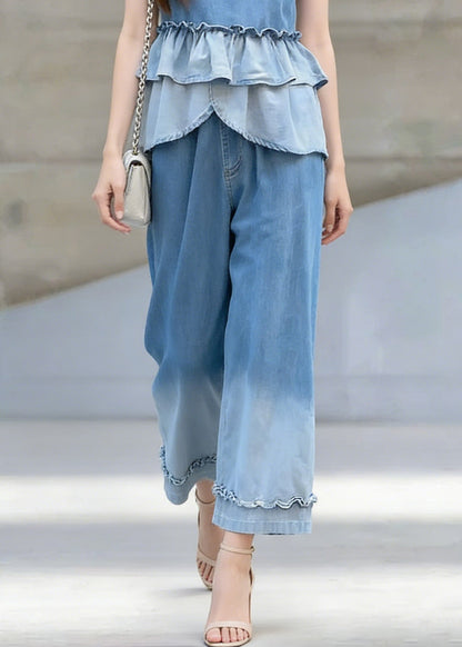 Chic Gradient Color Ruffled Patchwork Denim Two Pieces Set Sleeveless