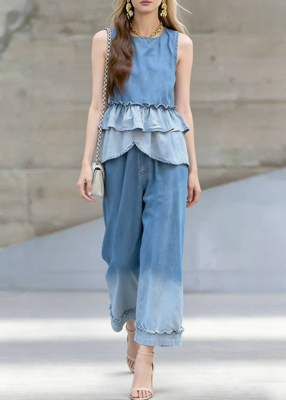 Chic Gradient Color Ruffled Patchwork Denim Two Pieces Set Sleeveless
