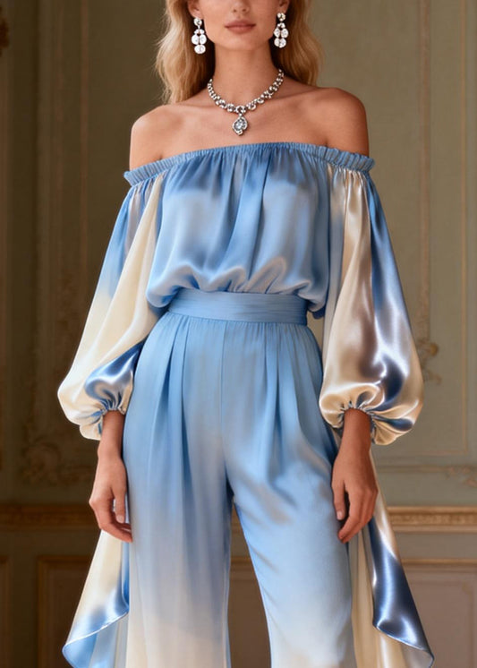 Chic Gradient Color Slash Neck Ruffled Silk Two Piece Set Spring