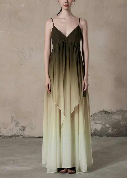 Chic Gradient Color V Neck Wrinkled Chiffon Long Dress Sleeveless