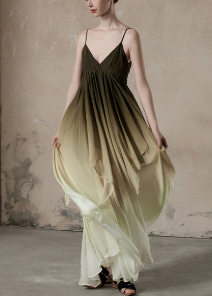 Chic Gradient Color V Neck Wrinkled Chiffon Long Dress Sleeveless