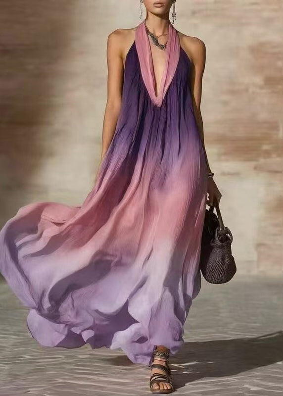 Chic Gradient Purple Backless Hatle Cotton Vacation Dresses Summer