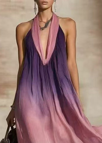 Chic Gradient Purple Backless Hatle Cotton Vacation Dresses Summer
