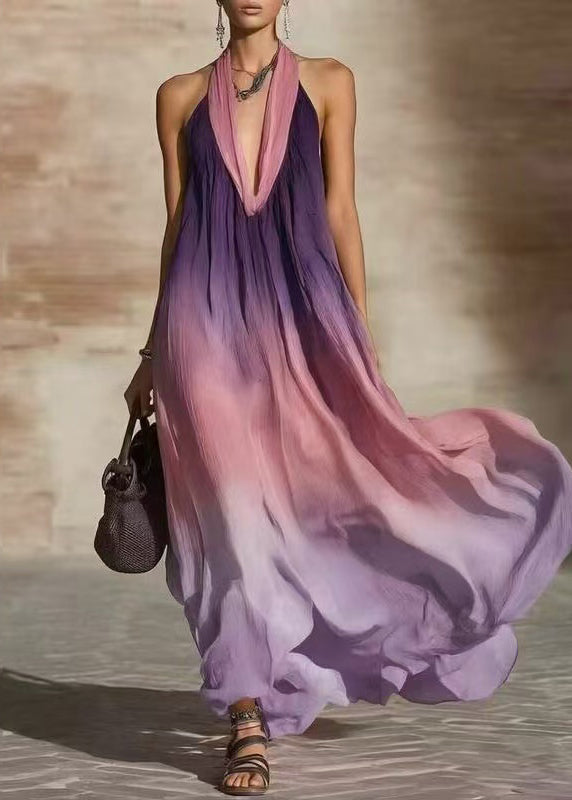 Chic Gradient Purple Backless Hatle Cotton Vacation Dresses Summer
