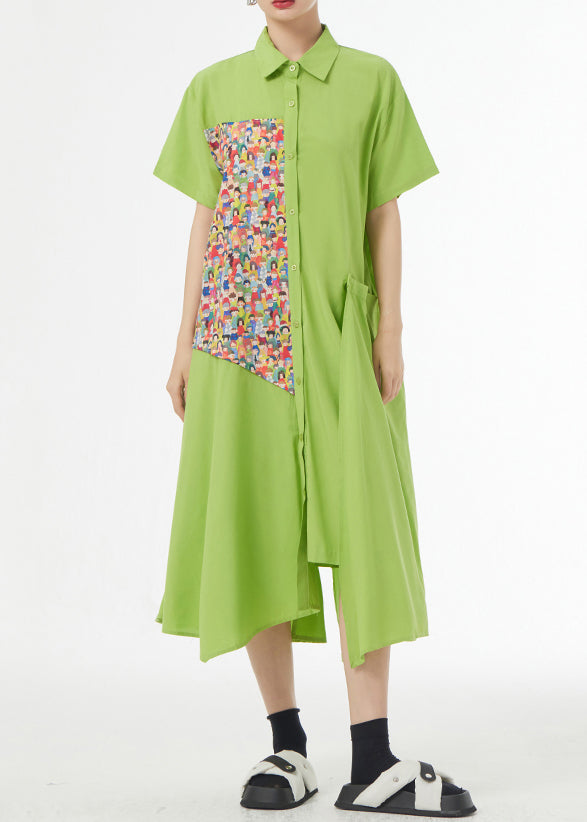 Chic Grass Green Asymmetrical Button Patchwork Silk Cotton Shirts Dress Summer