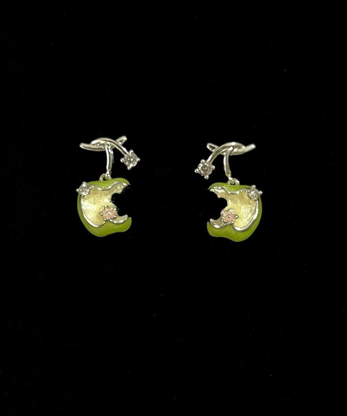 Chic Green Alloy Zircon Dripping Glaze Apple Stud Earrings