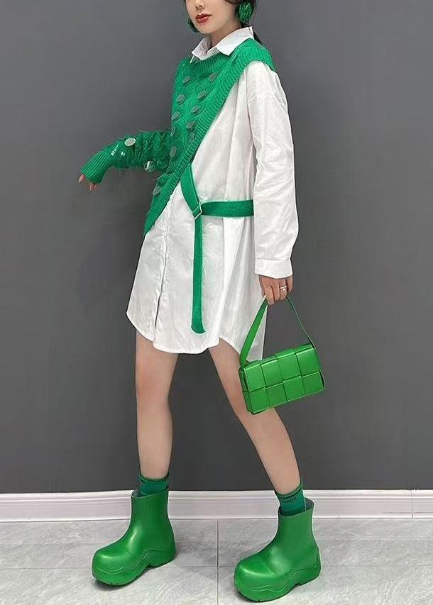 Chic Green Asymmetrical Knit Cotton Sweaters And Shirts Two Pieces Set Fall