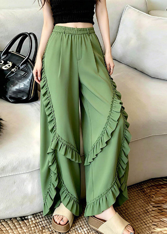 Chic Green Asymmetrical Ruffled Patchwork Pants