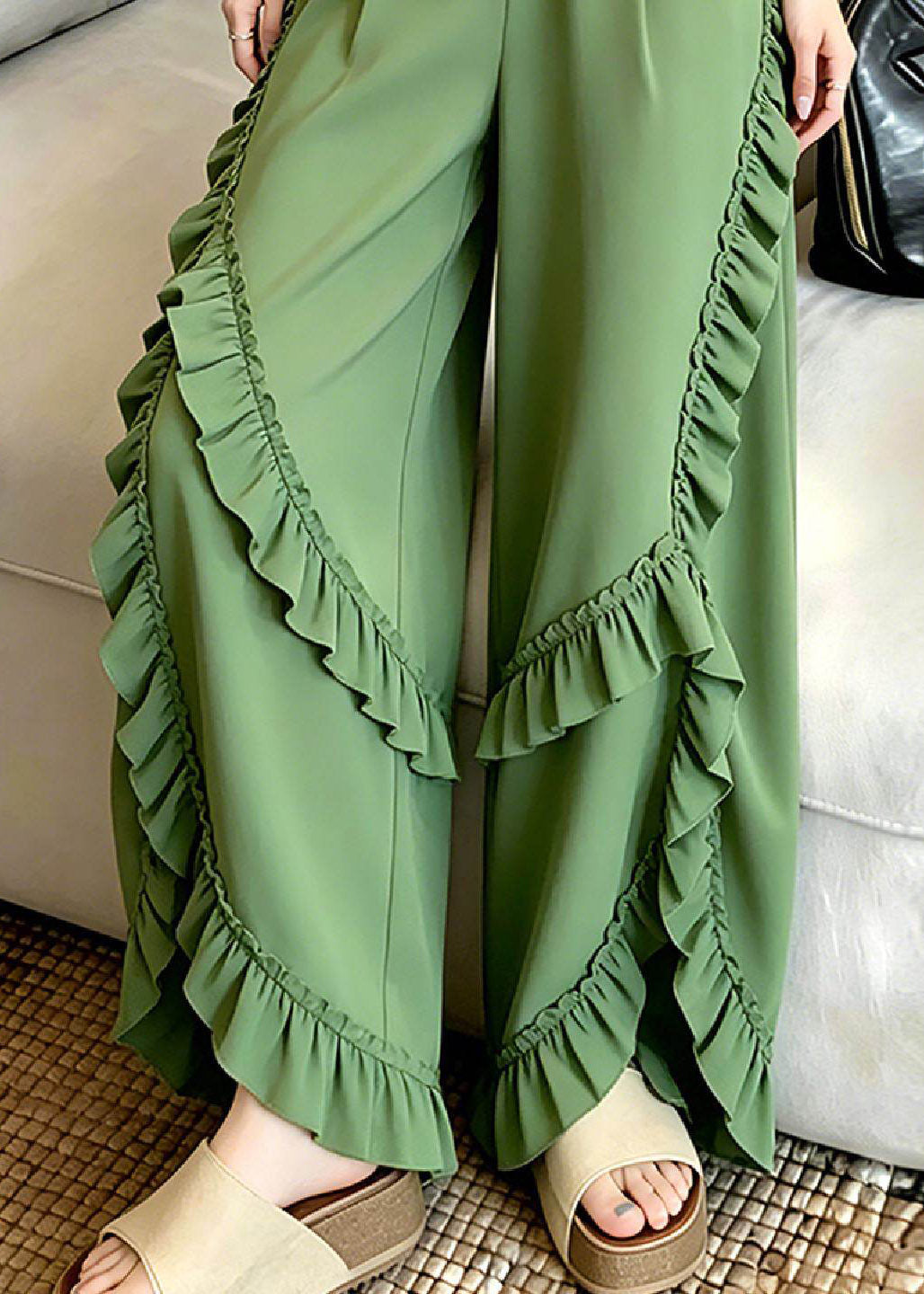 Chic Green Asymmetrical Ruffled Patchwork Pants