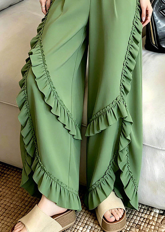 Chic Green Asymmetrical Ruffled Patchwork Pants