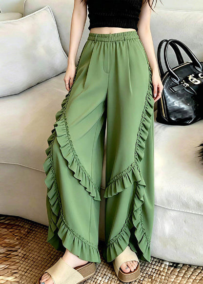 Chic Green Asymmetrical Ruffled Patchwork Pants