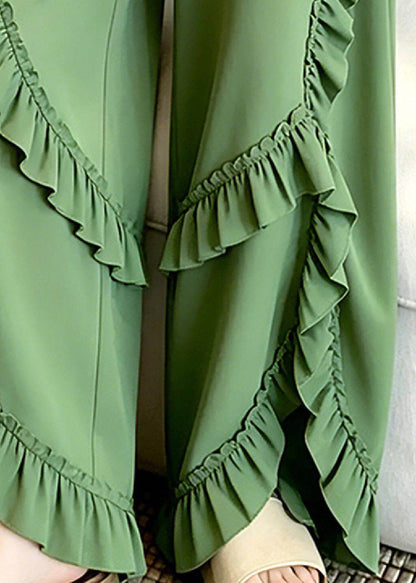 Chic Green Asymmetrical Ruffled Patchwork Pants
