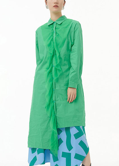 Chic Green Asymmetrical Tulle Patchwork Ruffles Cotton Shirt Dress Spring