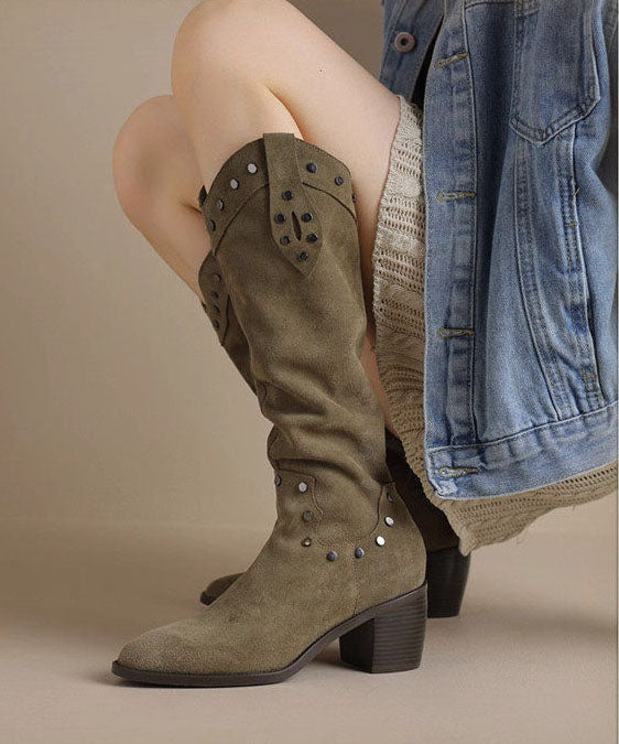 Chic Green Boots Pointed Toe Chunky Knee Boots