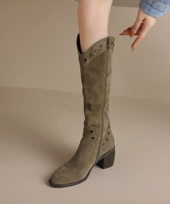 Chic Green Boots Pointed Toe Chunky Knee Boots