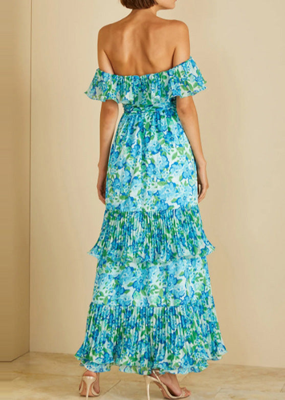 Chic Green Cold Shoulder Ruffled Print Chiffon Vacation Dresses Summer