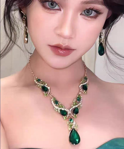 Chic Green Copper Alloy Zircon Crystal Water Droplet Pendant Necklace And Drop Earrings Two-Piece Set