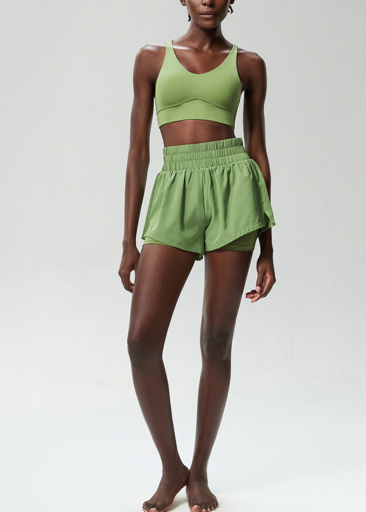 Chic Green Cross Strap Back Sports Bra High Waist Anti Exposure Shorts Two Piece Set